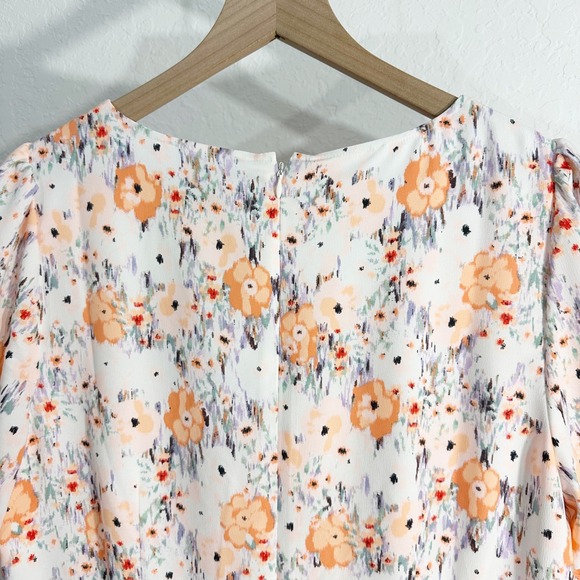 Loft Floral Print Short Sleeve Cinched‎ Waist Midi Dress White 12 Cottagecore - Picture 8 of 11